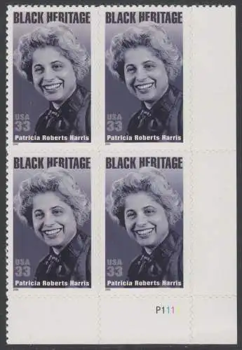 USA Michel 3259 / Scott 3371 postfrisch PLATEBLOCK ECKRAND unten rechts m/ Platten-# P1111- Patricia Roberts Harris