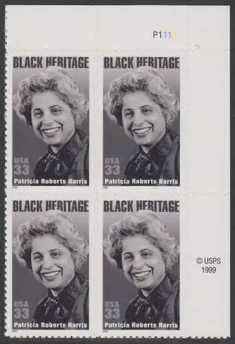 USA Michel 3259 / Scott 3371 postfrisch PLATEBLOCK ECKRAND oben rechts m/ Platten-# P1111- Patricia Roberts Harris