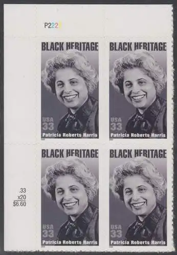 USA Michel 3259 / Scott 3371 postfrisch PLATEBLOCK ECKRAND oben links m/ Platten-# P2222 - Patricia Roberts Harris