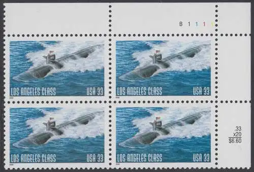 USA Michel 3261 / Scott 3372 postfrisch PLATEBLOCK ECKRAND oben rechts (a) m/ Platten-# B1111- Submarine LA Class