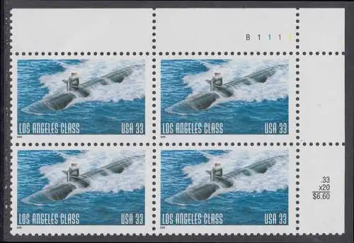 USA Michel 3261 / Scott 3372 postfrisch PLATEBLOCK ECKRAND oben rechts (b) m/ Platten-# B1111- Submarine LA Class