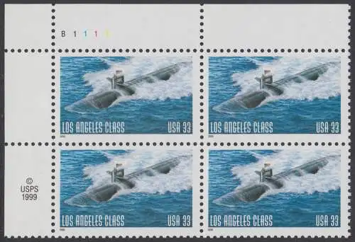 USA Michel 3261 / Scott 3372 postfrisch PLATEBLOCK ECKRAND oben links m/ Platten-# B1111- Submarine LA Class