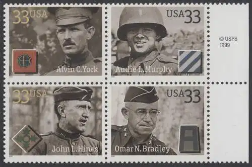 USA Michel 3285 / Scott 3393-3396 postfrisch BLOCK RÄNDER rechts m/ Copyright Symbol - Ausgezeichnete Soldaten 