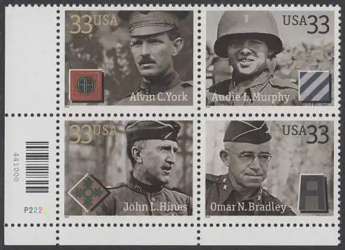 USA Michel 3285 / Scott 3393-3396 postfrisch PLATEBLOCK ECKRAND unten links m/ Platten-# P2222 - Ausgezeichnete Soldaten 