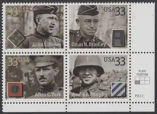 USA Michel 3285 / Scott 3393-3396 postfrisch PLATEBLOCK ECKRAND unten rechts m/ Platten-# P2222 - Ausgezeichnete Soldaten 