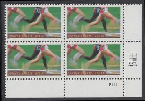 USA Michel 3307 / Scott 3397 postfrisch PLATEBLOCK ECKRAND unten rechts m/ Platten-# P1111 - Sommer-Sport