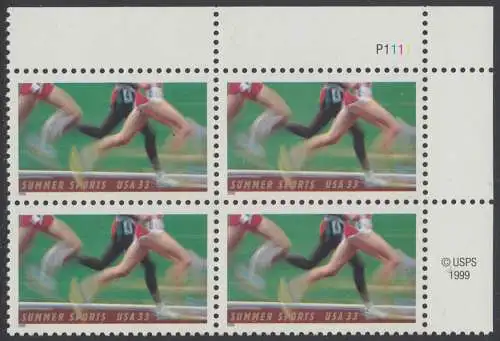 USA Michel 3307 / Scott 3397 postfrisch PLATEBLOCK ECKRAND oben rechts m/ Platten-# P1111 - Sommer-Sport