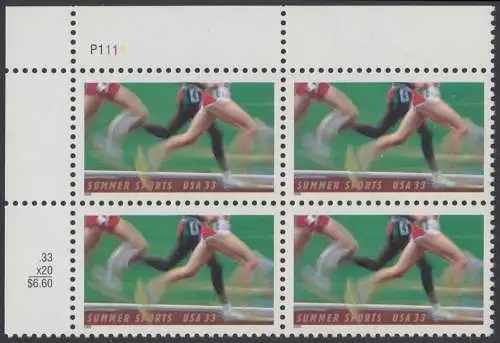 USA Michel 3307 / Scott 3397 postfrisch PLATEBLOCK ECKRAND oben links m/ Platten-# P1111 - Sommer-Sport