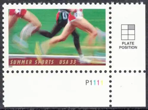 USA Michel 3307 / Scott 3397 postfrisch EINZELMARKE ECKRAND unten rechts m/ Platten-# P1111 - Sommer-Sport