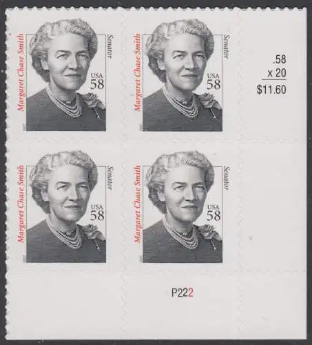 USA Michel 4229 / Scott 3427 postfrisch PLATEBLOCK ECKRAND unten rechts m/ Platten-# P222 - Herausragende Amerikaner: Margaret Chase Smith