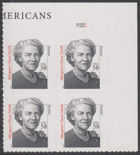 USA Michel 4229 / Scott 3427 postfrisch PLATEBLOCK ECKRAND oben rechts m/ Platten-# P222 - Herausragende Amerikaner: Margaret Chase Smith
