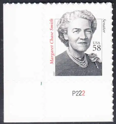 USA Michel 4229 / Scott 3427 postfrisch EINZELMARKE ECKRAND unten links m/ Platten-# P222 - Herausragende Amerikaner: Margaret Chase Smith