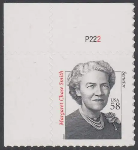 USA Michel 4229 / Scott 3427 postfrisch EINZELMARKE ECKRAND oben links m/ Platten-# P222 - Herausragende Amerikaner: Margaret Chase Smith