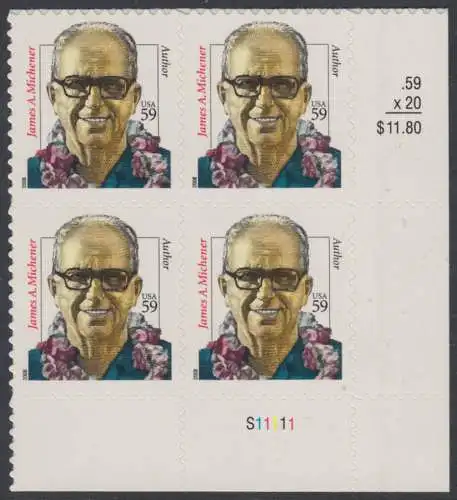 USA Michel 4369 / Scott 3427A postfrisch PLATEBLOCK ECKRAND unten rechts m/ Platten-# S11111 - Herausragende Amerikaner: James Nichener