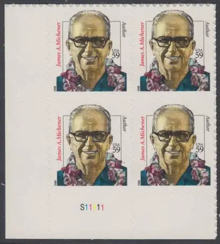 USA Michel 4369 / Scott 3427A postfrisch PLATEBLOCK ECKRAND unten links m/ Platten-# S11111 - Herausragende Amerikaner: James Nichener