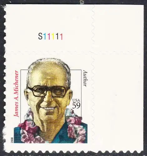 USA Michel 4369 / Scott 3427A postfrisch EINZELMARKE ECKRAND oben rechts m/ Platten-# S11111 - Herausragende Amerikaner: James Nichener