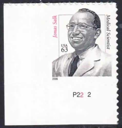 USA Michel 4047 / Scott 3428 postfrisch EINZELMARKE ECKRAND unten links m/ Platten-# P222 - Herausragende Amerikaner: Jonas Salk