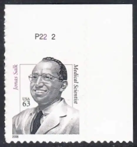 USA Michel 4047 / Scott 3428 postfrisch EINZELMARKE ECKRAND oben rechts m/ Platten-# P22-2 - Herausragende Amerikaner: Jonas Salk