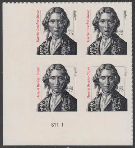 USA Michel 4230 / Scott 3430 postfrisch PLATEBLOCK ECKRAND unten links m/ Platten-# S11-1 - Herausragende Amerikaner: Harriet Beecher Stowe