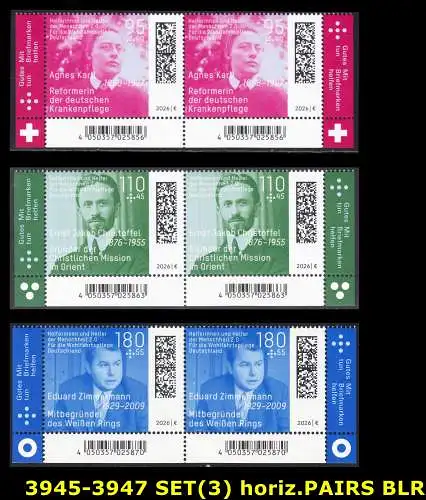 BUND 2026 Michel-# 3945-3947 postfrisch SATZ(3) horiz.PAARE ECKRÄNDER unten links/rechts