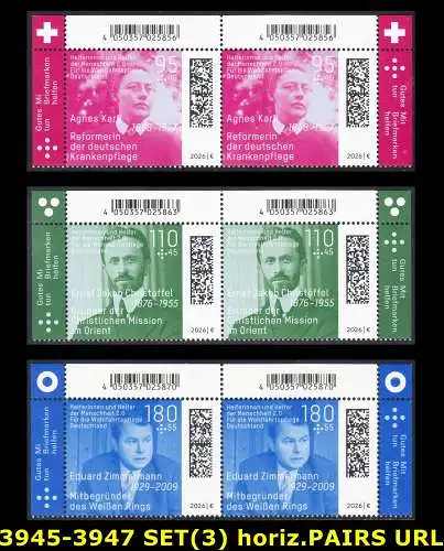 BUND 2026 Michel-# 3945-3947 postfrisch SATZ(3) horiz.PAARE ECKRÄNDER oben links/rechts