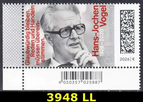 BUND 2026 Michel-# 3948 postfrisch EINZELMARKE ECKRAND unten links