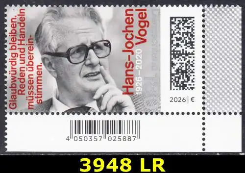 BUND 2026 Michel-# 3948 postfrisch EINZELMARKE ECKRAND unten rechts