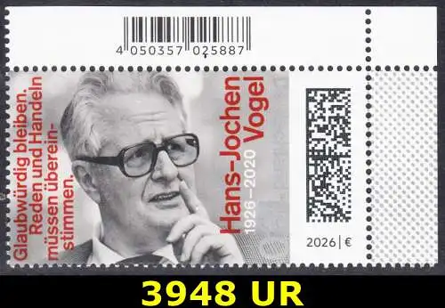 BUND 2026 Michel-# 3948 postfrisch EINZELMARKE ECKRAND oben rechts