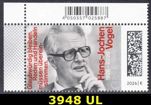 BUND 2026 Michel-# 3948 postfrisch EINZELMARKE ECKRAND oben links