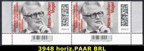 BUND 2026 Michel-# 3948 postfrisch horiz.PAAR ECKRÄNDER unten rechts/links 