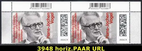 BUND 2026 Michel-# 3948 postfrisch horiz.PAAR ECKRÄNDER oben rechts/links 
