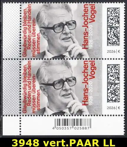 BUND 2026 Michel-# 3948 postfrisch vert.PAAR ECKRAND unten links