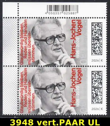 BUND 2026 Michel-# 3948 postfrisch vert.PAAR ECKRAND oben links