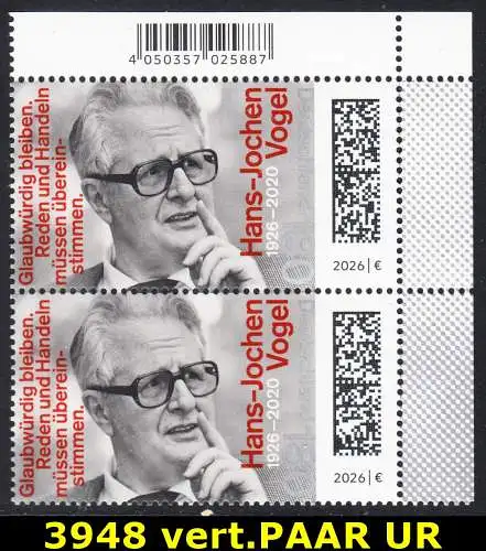 BUND 2026 Michel-# 3948 postfrisch vert.PAAR ECKRAND oben rechts