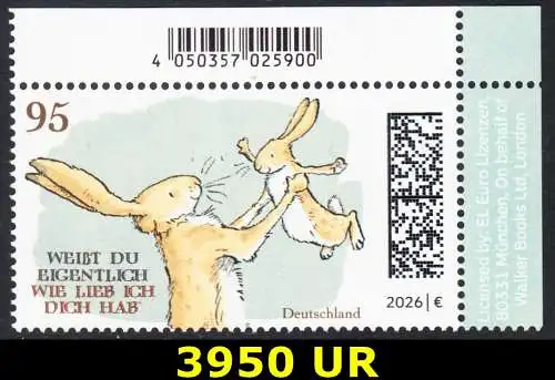 BUND 2026 Michel-# 3950 postfrisch EINZELMARKE ECKRAND oben rechts
