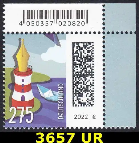 BUND 2022 Michel-# 3657 postfrisch EINZELMARKE ECKRAND oben rechts