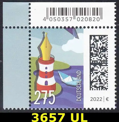 BUND 2022 Michel-# 3657 postfrisch EINZELMARKE ECKRAND oben links
