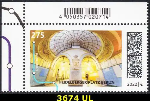 BUND 2022 Michel-# 3674 postfrisch EINZELMARKE ECKRAND oben links