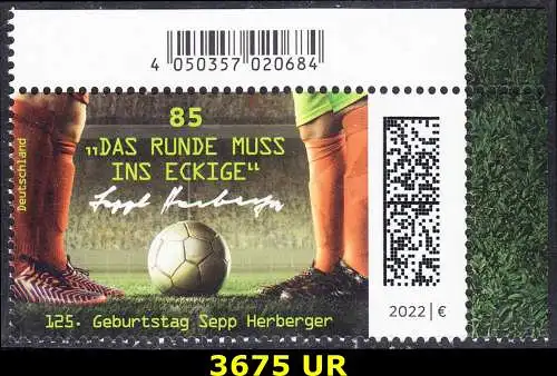 BUND 2022 Michel-# 3675 postfrisch EINZELMARKE ECKRAND oben rechts