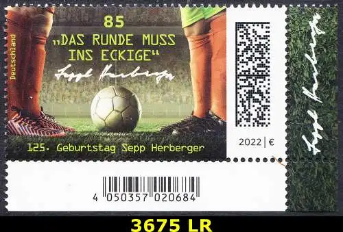 BUND 2022 Michel-# 3675 postfrisch EINZELMARKE ECKRAND unten rechts