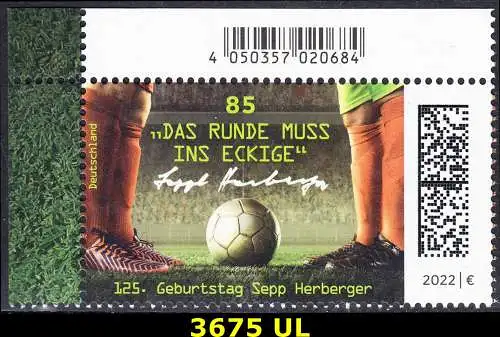 BUND 2022 Michel-# 3675 postfrisch EINZELMARKE ECKRAND oben links