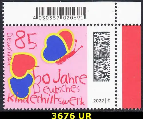BUND 2022 Michel-# 3676 postfrisch EINZELMARKE ECKRAND oben rechts
