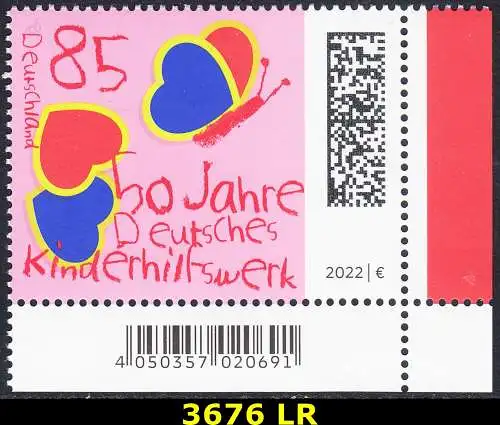 BUND 2022 Michel-# 3676 postfrisch EINZELMARKE ECKRAND unten rechts
