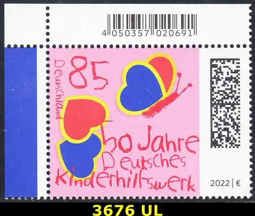 BUND 2022 Michel-# 3676 postfrisch EINZELMARKE ECKRAND oben links