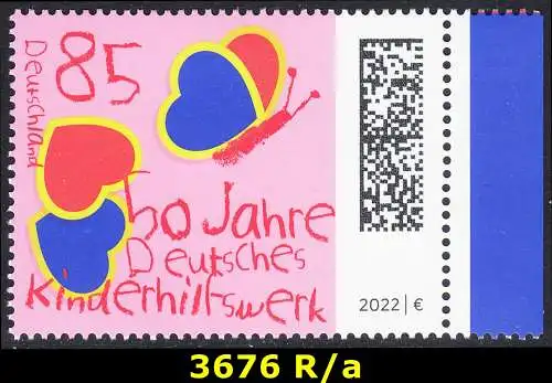 BUND 2022 Michel-# 3676 postfrisch EINZELMARKE RAND rechts (a)