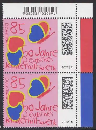 BUND 2022 Michel-# 3676 postfrisch vert.PAAR ECKRAND oben rechts 