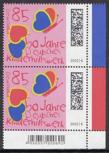 BUND 2022 Michel-# 3676 postfrisch vert.PAAR ECKRAND unten rechts 