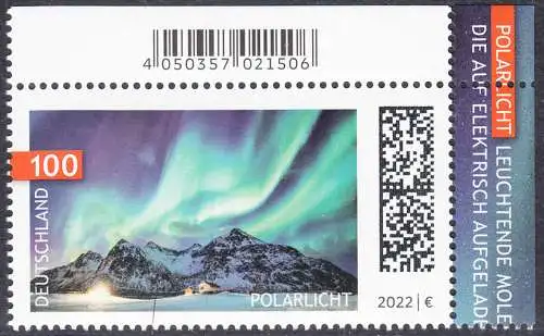 BUND 2022 Michel-# 3680 postfrisch EINZELMARKE ECKRAND oben rechts