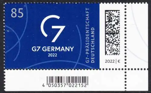 BUND 2022 Michel-# 3694 postfrisch  EINZELMARKE ECKRAND unten rechts