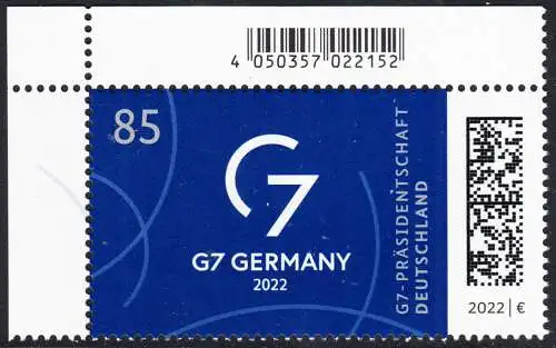 BUND 2022 Michel-# 3694 postfrisch  EINZELMARKE ECKRAND oben links